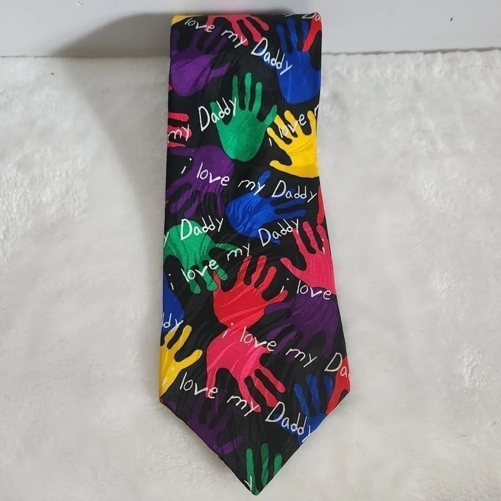 RM Style Ralph Marlin Black Silk Vintage 1996 I Love My Daddy Hands Necktie Tie